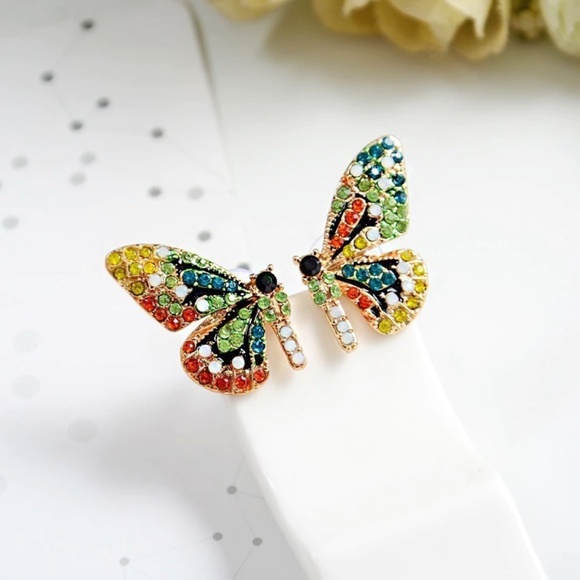 Crystal Butterfly Wings Gold Stud Earrings - Picture 2 of 5